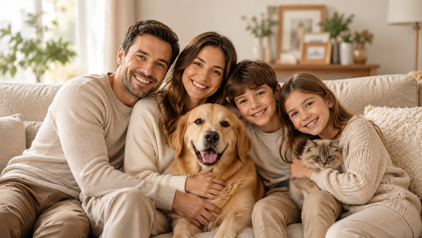 Família reunida com seu cachorro e seu gato
